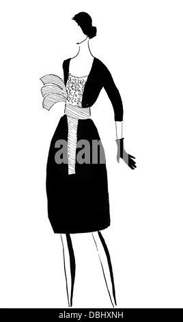 Mode des 20. Jahrhunderts - schwarze strenge weibliche Kleid mit breiten Gürtel im 50. Jahre Stockfoto