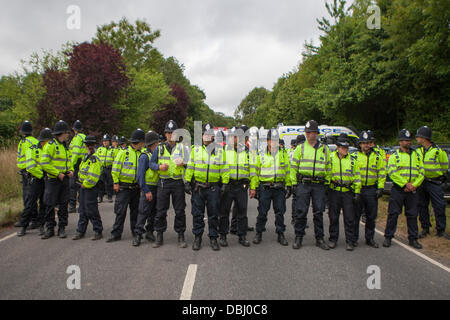 Balcombe, West Sussex, UK. 31. Juli 2013. Sussex Polizei Formularzeile auf der anderen Straßenseite am Protest gegen Cuadrilla Bohren & Fracking vor den Toren des Dorfes Balcombe in West Sussex. Balcombe, West Sussex, UK. Bildnachweis: Martyn Wheatley/Alamy Live News Stockfoto