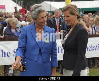 in der Nähe von Brockenhurst, Hampshire, UK. 31. Juli 2013. New Forest zeigen Steward Tracy Thew spricht Sophie, Gräfin von Wessex durch Fliegenfischen Techniken auf der New Forest-Show. Bildnachweis: Martin Brayley/Alamy Live-Nachrichten Stockfoto