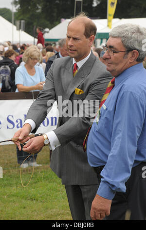 in der Nähe von Brockenhurst, Hampshire, UK. 31. Juli 2013. New Forest zeigen Steward Ian Thew spricht der Earl of Wessex Prince Edward, durch Fliegenfischen Techniken bei der New Forest zeigen Credit: Martin Brayley/Alamy Live News Stockfoto