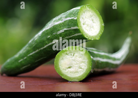 Schlange-Kürbis auf Holzuntergrund Stockfoto