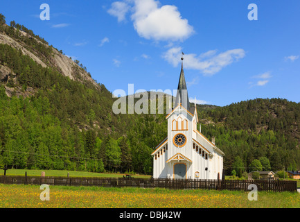 Weiße hölzerne Stabkirche Vrådal Kyrkje 1885 in einer Blumenwiese in der Nähe von Vrådal, Kviteseid, Telemark Grafschaft, Norwegen, Scandinavia Stockfoto