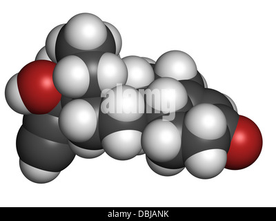 Levonorgestrel Antibaby-Pille Medikament, chemische Struktur. Atome werden als Kugeln mit konventionellen Farbkodierung dargestellt. Stockfoto