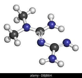 Diabetes-Medikament Metformin (Biguanide-Klasse), chemische Struktur. Atome werden als Kugeln mit konventionellen Farbkodierung dargestellt. Stockfoto