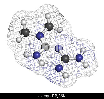 Diabetes-Medikament Metformin (Biguanide-Klasse), chemische Struktur. Atome werden als Kugeln mit konventionellen Farbkodierung dargestellt. Stockfoto