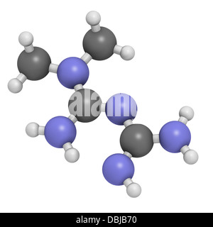 Diabetes-Medikament Metformin (Biguanide-Klasse), chemische Struktur. Atome werden als Kugeln mit konventionellen Farbkodierung dargestellt. Stockfoto