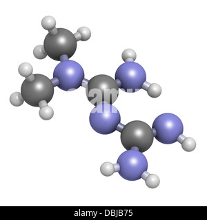 Diabetes-Medikament Metformin (Biguanide-Klasse), chemische Struktur. Atome werden als Kugeln mit konventionellen Farbkodierung dargestellt. Stockfoto