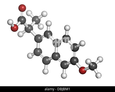 Naproxen Schmerzen und Entzündungen Droge (NSAID), chemische Struktur. Atome werden als Kugeln mit konventionellen Farbkodierung dargestellt. Stockfoto