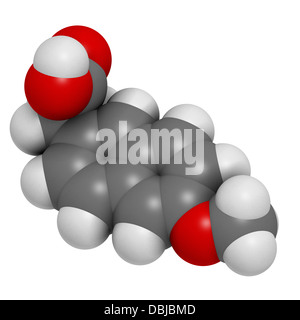 Naproxen Schmerzen und Entzündungen Droge (NSAID), chemische Struktur. Atome werden als Kugeln mit konventionellen Farbkodierung dargestellt. Stockfoto