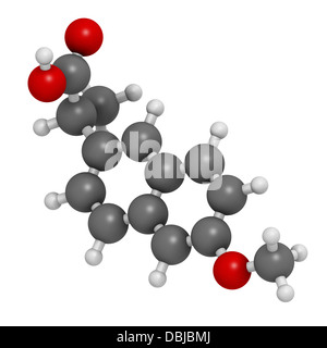 Naproxen Schmerzen und Entzündungen Droge (NSAID), chemische Struktur. Atome werden als Kugeln mit konventionellen Farbkodierung dargestellt. Stockfoto