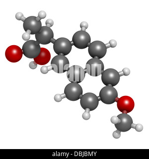 Naproxen Schmerzen und Entzündungen Droge (NSAID), chemische Struktur. Atome werden als Kugeln mit konventionellen Farbkodierung dargestellt. Stockfoto