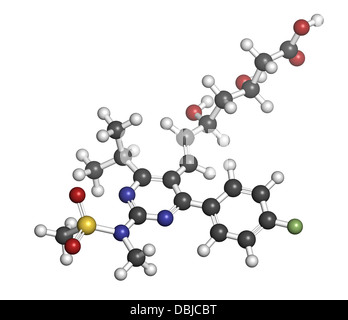 Rosuvastatin Cholesterin-senkende Medikamente (Statine Klasse), chemische Struktur. Atome werden als Kugeln dargestellt. Stockfoto