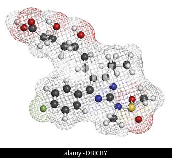 Rosuvastatin Cholesterin-senkende Medikamente (Statine Klasse), chemische Struktur. Atome werden als Kugeln dargestellt. Stockfoto