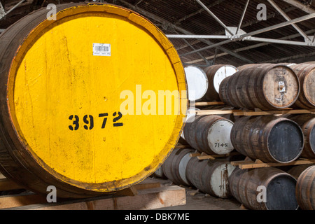 Lager Lagerung von Glen Moray distillery 3972 und Barcode auf schottischen Whisky Fässer, Schottland, UK Stockfoto