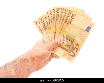 Hand, die 50 Euro-Banknoten, die isoliert auf weißem Hintergrund Stockfoto