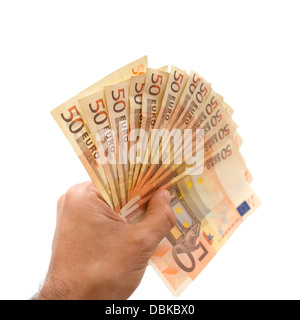 Hand, die 50 Euro-Banknoten, die isoliert auf weißem Hintergrund Stockfoto