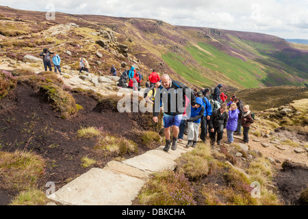 Ein großes Wander- Gruppe. Wanderer zu Fuß auf einem Stein Fußweg an der Spitze der Grindsbrook Clough, Kinder Scout, Derbyshire, Peak District, England, Großbritannien Stockfoto
