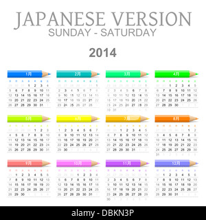 Bunte Sonntag bis Samstag 2014 Kalender mit japanischen Version Abbildung Buntstifte Stockfoto