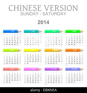 Bunte Sonntag bis Samstag 2014 Kalender mit chinesischen Version Abbildung Buntstifte Stockfoto