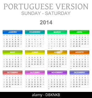 Bunte Sonntag bis Samstag 2014 Kalender portugiesische Version Abbildung Stockfoto