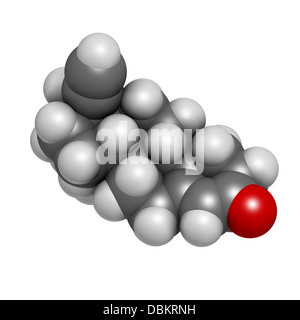 Levonorgestrel Antibaby-Pille Medikament, chemische Struktur. Atome werden als Kugeln mit konventionellen Farbkodierung dargestellt. Stockfoto