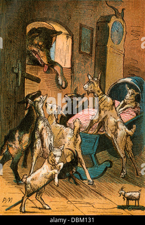 Wolf und die sieben Geißlein, aus einem Berliner Ausgabe von Grimms Märchen, 1865. Farbpalette Stockfoto