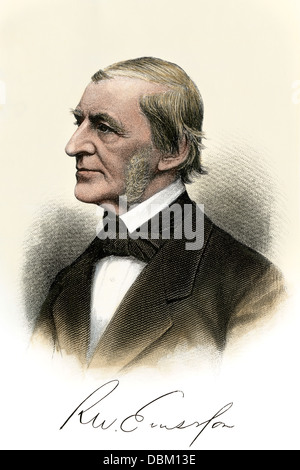 Amerikanische essayist Ralph Waldo Emerson, mit Autogramm. Handcolorierte Stahlstich Stockfoto