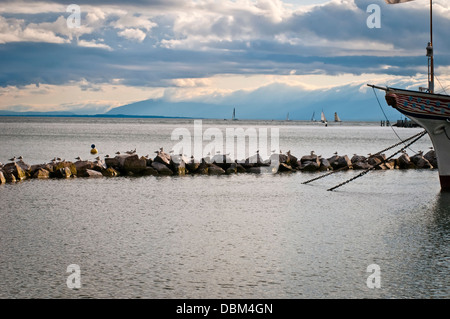 Landschaft mit dem Genfer See, Sonnenuntergang blaue Wolken und Boot, Lausanne, Schweiz, Europa Stockfoto