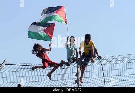 Ramallah, Westjordanland, Palästinensische Gebiete. 1. August 2013. Palästinensische Kinder sitzen auf einem Zaun, wie sie während einer Demonstration zur Solidarität mit Beduinen Bürgerinnen und Bürger, in der Nähe der West Bank Dorf Hizma, Süd-östlich von Ramallah 1. August 2013 palästinensische Fahnen winken. Einige 60 Demonstranten protestierten gegen einen israelischen Kabinett Plan, rund 30.000 Beduinen Bürgerinnen und Bürger zu verlagern, die in unbekannte Dörfer im südlichen Negev Israels Leben in Städten von Zies Kredit gebaut verlegen und Wüste: Issam Rimawi/APA Images/ZUMAPRESS.com/Alamy Live News Stockfoto