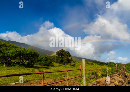 Doppelter Regenbogen auf der Autobahn Piilani auf der Insel Maui in Hawaii. Stockfoto