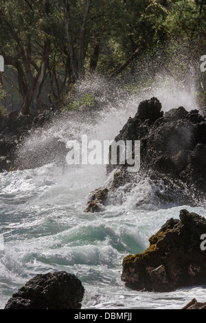 Brechenden Wellen auf Lavafelsen am Strand auf Keanae Halbinsel, auf der Insel Maui in Hawaii. Stockfoto