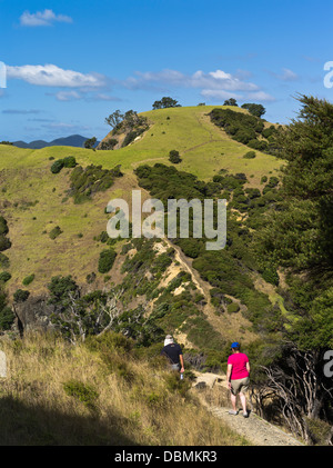 dh Urupukapuka Island BAY OF ISLANDS NEUSEELAND Paar zu Fuß Wanderweg Wandern in erkunden Insel Stockfoto