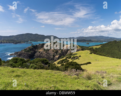 dh Urupukapuka Island BAY OF ISLANDS NEUSEELAND Paar Wanderer auf Fußweg Szenenansicht der Insel wunderschöne Landschaft Stockfoto