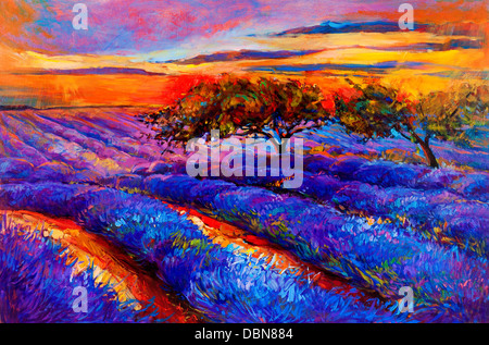 Original Ölgemälde von Lavendelfeldern auf Leinwand. Sonnenuntergang Landschaft. Moderne Impressionismus Stockfoto