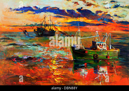 Original Ölgemälde von Fischerei Schiffe und Meer auf Leinwand. Sonnenuntergang über dem Ozean. Moderne Impressionismus Stockfoto