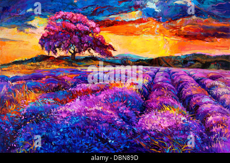 Original Ölgemälde von Lavendelfeldern auf Leinwand. Sonnenuntergang Landschaft. Moderne Impressionismus Stockfoto