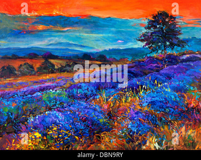 Original Ölgemälde von Lavendelfeldern auf Leinwand. Sonnenuntergang Landschaft. Moderne Impressionismus Stockfoto