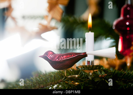 Weihnachtsdekoration, Ornamente und brennende Kerze, München, Bayern, Deutschland Stockfoto