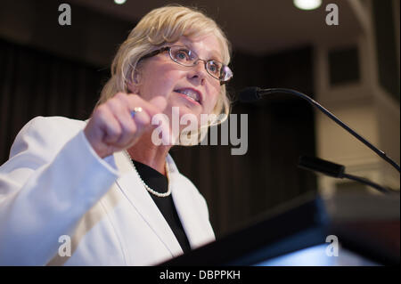 London, Ontario, Kanada. 1. August 2013. Peggy Sattler und Ontario NDPs schrieb Geschichte, als sie gewann das Reiten von London West zum ersten Mal, seit es im Jahr 1999 gegründet wurde. Die Partei, die bei den letzten Wahlen nie besser als dritte im Reiten gelegt, eine frühe Führung und nie bereut. Bildnachweis: Mark Spowart/Alamy Live-Nachrichten Stockfoto