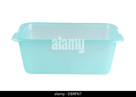 Leere Plastikbehälter auf weißem Hintergrund Stockfoto