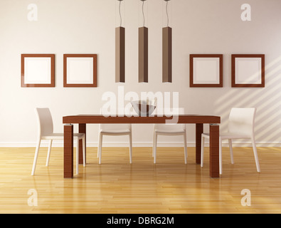 Eleganter Speisesaal mit Holztisch und weißen Stuhl - Rendering Stockfoto