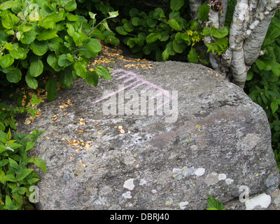 Petroglyph, Stein gravieren oder schnitzen, bronze wahrscheinlich Alter, ein Boot, sichtbar gemacht durch rote Markierung, Stavanger Norwegen Stockfoto