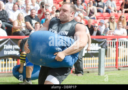 Gateshead, UK. 3. August 2013. Riesen Leben British Open-World Championship "World es Strongest Man" Qualifying Tour in Gateshead International Stadium. Konkurrenten zählten Laurence Shahlaei, Terry Hollands, Simon Johnson. Mark Felix, Lloyd Renals, Eddie Hall, James Fennelly, Graham Hicks, Jerry Pritchett, Robert Oberst, Luke "Highland Eiche" Stoltman und Ovynd zu zügeln. Bildnachweis: Thomas Jackson/Alamy Live-Nachrichten Stockfoto