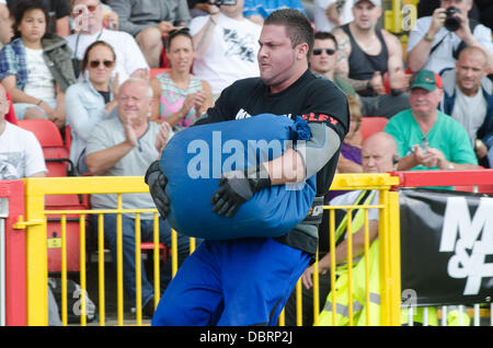 Gateshead, UK. 3. August 2013. Riesen Leben British Open-World Championship "World es Strongest Man" Qualifying Tour in Gateshead International Stadium. Konkurrenten zählten Laurence Shahlaei, Terry Hollands, Simon Johnson. Mark Felix, Lloyd Renals, Eddie Hall, James Fennelly, Graham Hicks, Jerry Pritchett, Robert Oberst, Luke "Highland Eiche" Stoltman und Ovynd zu zügeln. Bildnachweis: Thomas Jackson/Alamy Live-Nachrichten Stockfoto