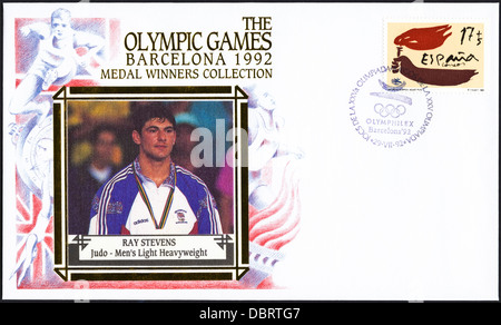 Briefmarke Gedenkmünze ersten Tag decken der Gewinner Medaillensammlung von 1992 Barcelona Olympiade mit Ray Stevens von Großbritannien Gewinn der Silbermedaille für Judo - Männer Halbschwergewicht Stockfoto