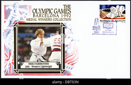 Briefmarke Gedenkmünze ersten Tag decken der Gewinner Medaillensammlung von Barcelona Olympischen Spiele 1992 mit Nikki Fairbrother Großbritanniens Gewinn der Silbermedaille für Judo - Frauen Leichtgewicht Stockfoto