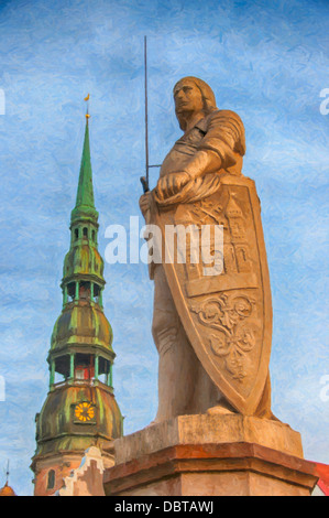 Zwischen das Schwarzhäupterhaus und das Rathaus steht eine Statue des Schutzheiligen von Riga, St Roland. Stockfoto