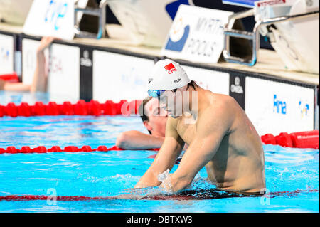 Barcelona, Spanien. 4. August 2013: Chinas Sun Yang reagiert, wie er die Männer 1500 m Freistil Finale bei den 15. FINA Weltmeisterschaften in Barcelona gewinnt. Bildnachweis: Matthi/Alamy Live-Nachrichten Stockfoto