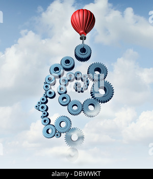 Plan und Training Strategie Bildungskonzept mit einer organisierten Gruppe von Getriebe und Zahnräder in der Form eines menschlichen Kopfes und Gehirn als Symbol des Lernens mit Technologie und das Internet in den Himmel mit einem roten Heißluftballon gebaut. Stockfoto
