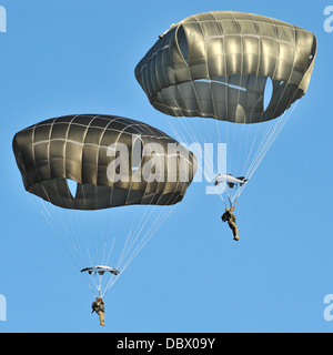 US Army Fallschirmjäger Operationen in der Luft mit t-11 Fallschirme aus einer c-130 Hercules auf dem Truppenübungsplatz Grafenwöhr 1. August 2013 in Grafenwöhr, Deutschland. Stockfoto